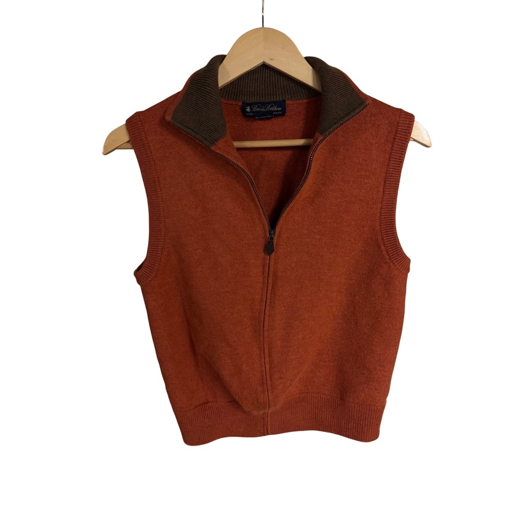 Brooks Brothers Mens Small Merino Wool Full Zip Sweater Vest Orange Mock Neck